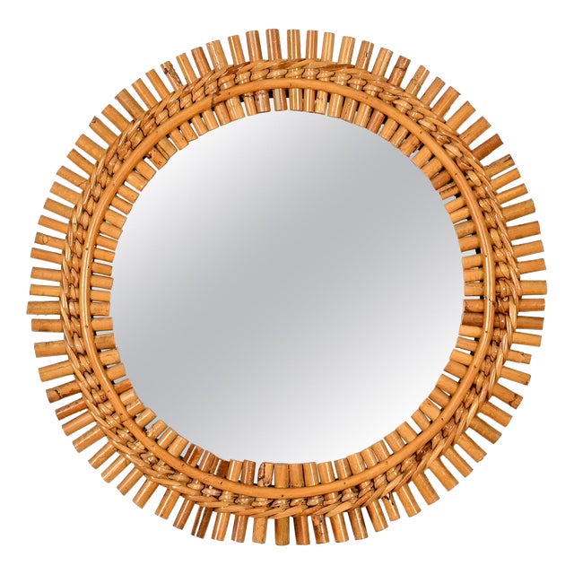 Round Mirror in Bamboo, Rattan and Woven Wicker by Franco Albini, Italy, 1960s For Sale