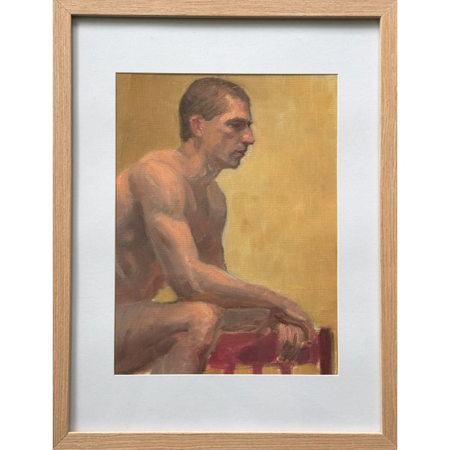 Vintage Realist Figurative Study of Seated Man, Oil on Canvas Paper (Framed). Housed with an archival matte under glass in...
