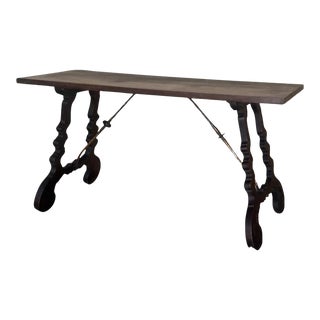 19th Walnut Console Table With Lyre Legs and Heavy Top, Spain For Sale