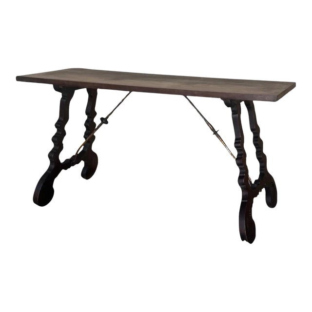 19th Walnut Console Table With Lyre Legs and Heavy Top, Spain For Sale