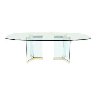 Pace Large 3/4" Glass Top Boat Shape Double Pedestal Dining Conference Table For Sale