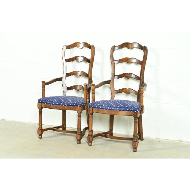 French Provincial Century Furniture French Country Carved Solid Oak Ladder Back Armchairs, Pair For Sale - Image 3 of 13