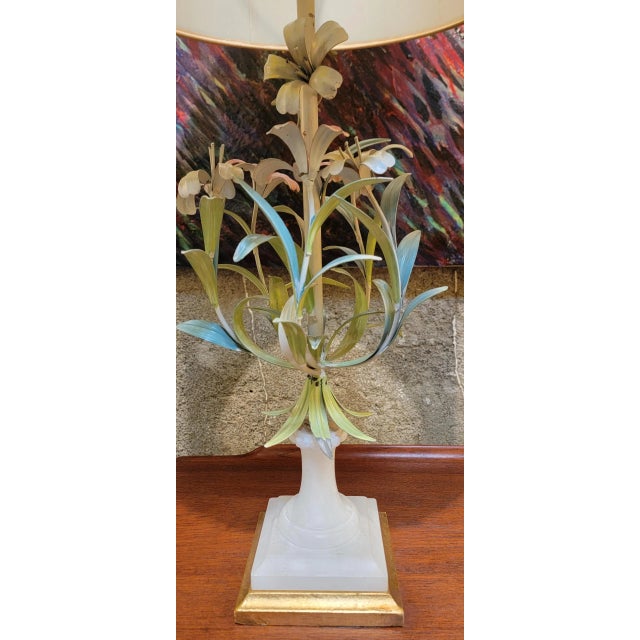 Safran & Gluckman Import Italian tole painted floral and alabaster table lamp. Base measures 5.38 inches square. Metal...