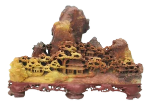 Chinese Soapstone Carved Mountains and Temple Scene