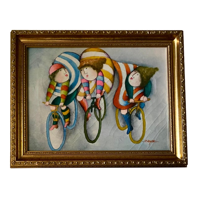 Bikes! The Rush of Free Wheelin' Friends, Bicycles & Riding the Wind. Framed, Original Acrylic by Roybal For Sale