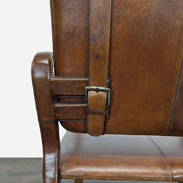 Brown Brown Leather Buckle Lounge Chair With Curved Wooden Frame For Sale - Image 8 of 11