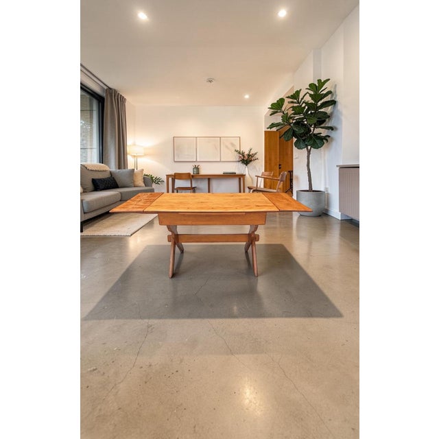 1950s Cushman of Vermont Trestle Base Hard Rock Maple Draw Leaf Table. This is a beautiful table that has been sanded back...