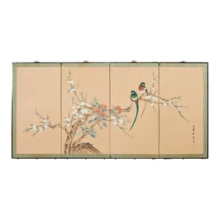 Japanese Style Four Panel Screen Birds With Flowering Prunus For Sale