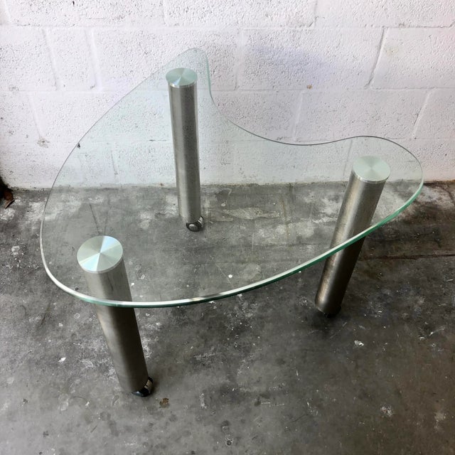 1990s Late 20th Century Kidney Shape Glass Side Tables With Casters (A Pair) For Sale - Image 5 of 13