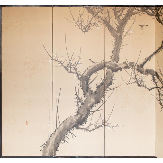 Large antique or vintage Japanese 6-panel painted byobu (folding screen) "Sparrow and the Plum Tree" by Ryosetsu Kobe, a...