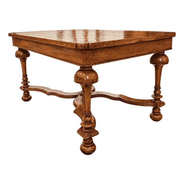 Late 20th Century William and Mary Style Walnut Coffee Table, Bun Feet and X-Stretcher For Sale
