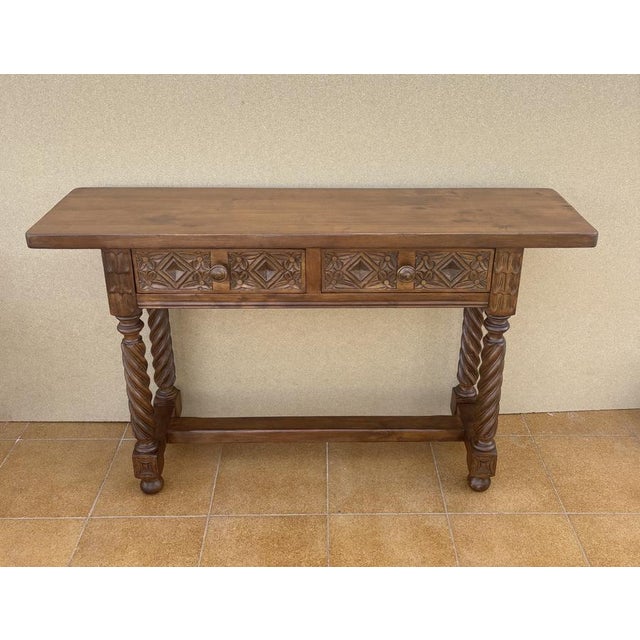 Baroque Spanish Carved Console Table with Barley Twist Legs and Drawers, 1930s For Sale - Image 3 of 13