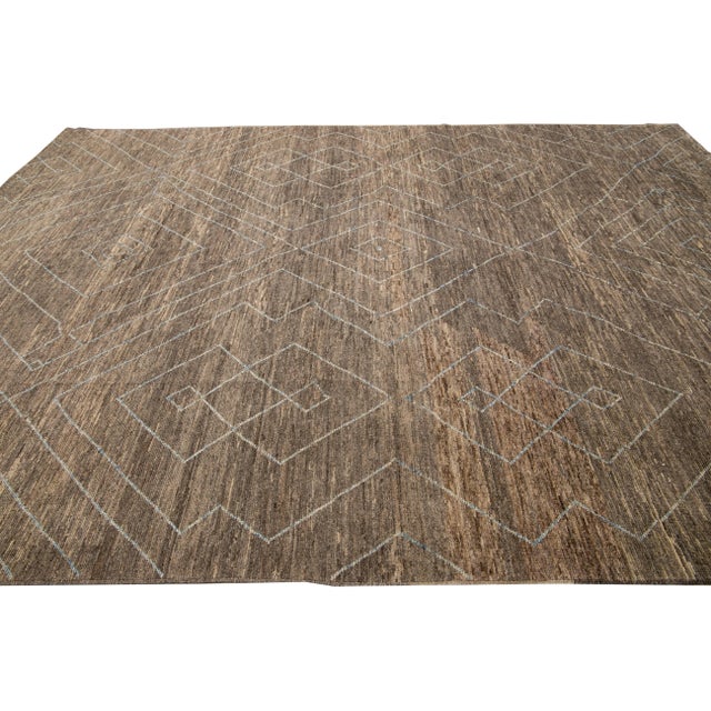 Modern Moroccan Style Handmade Geometric Pattern Brown Wool Rug For Sale - Image 4 of 8