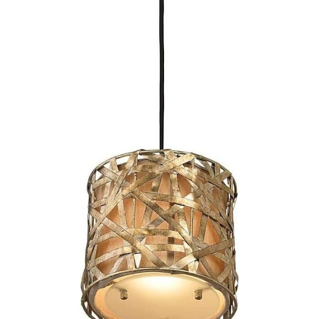 Terrific Brutalist Postmodern Ceiling Pendants - set of 3. Frames of intertwining champagne antiqued silver metal strips,...