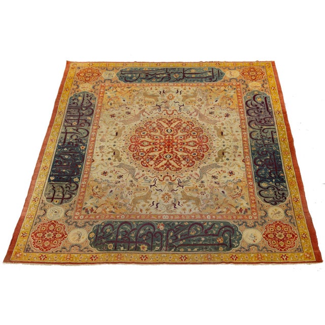 Persian 19th Century Antique Indian Agra Hunting Rug With Persian Calligraphy Border For Sale - Image 3 of 11