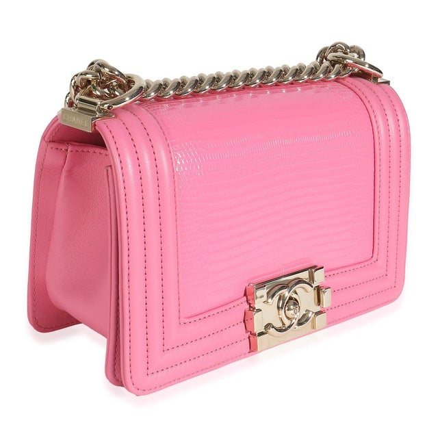 Traditional Pink Lambskin Lizard Small Boy Bag For Sale - Image 3 of 8