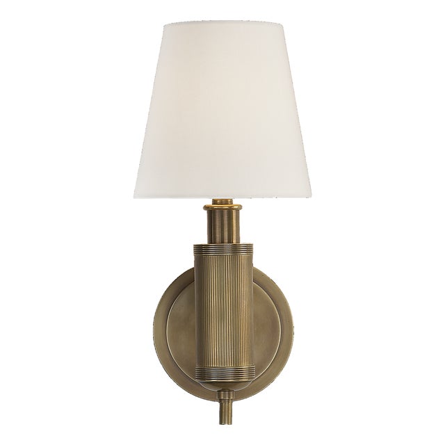 Thomas O'Brien for Visual Comfort Signature Longacre Sconce in Hand-Rubbed Antique Brass with Linen Shade For Sale