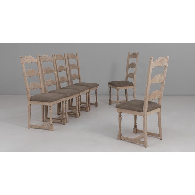 French Provincial 20th Century Belgian Upholstered Oak Ladderback Oak Dining Chairs - Set of 6 For Sale - Image 3 of 18
