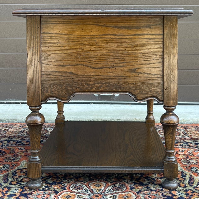 1970s Ethan Allen Royal Charter Collection Jacobean Oak 2 Drawer Tiered Side or End Table For Sale - Image 10 of 14