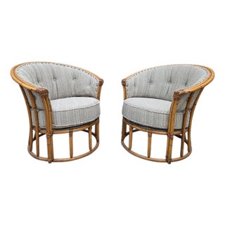 Mid-Century Modern Heywood Wakefield “Ashcraft” Bamboo Style Barrel-Back Rattan Lounge Chairs – Pair For Sale