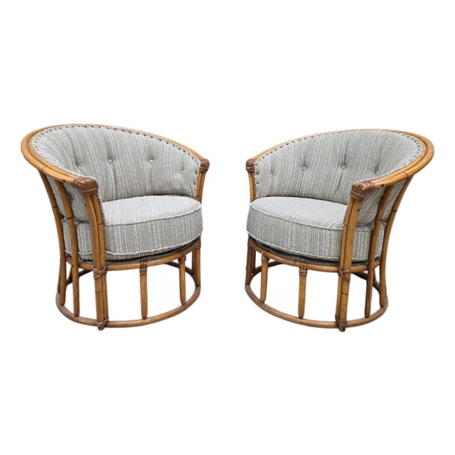Mid-Century Modern Heywood Wakefield “Ashcraft” Bamboo Style Barrel-Back Rattan Lounge Chairs – Pair For Sale