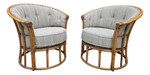 Mid-Century Modern Heywood Wakefield “Ashcraft” Bamboo Style Barrel-Back Rattan Lounge Chairs – Pair