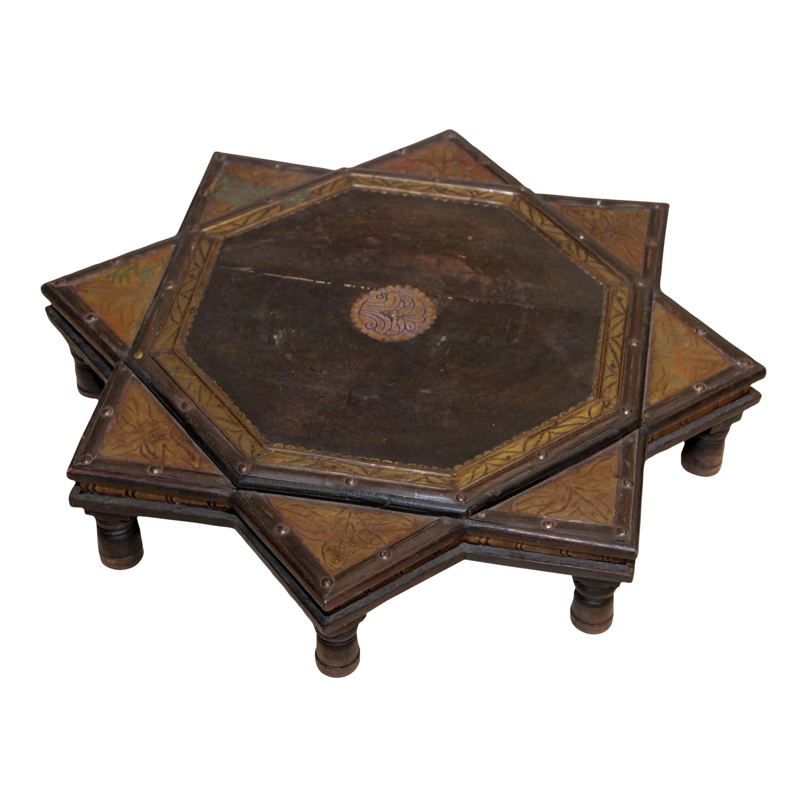 Indian Star Shape Wooden and Brass Low Coffee Table 1950s | Chairish