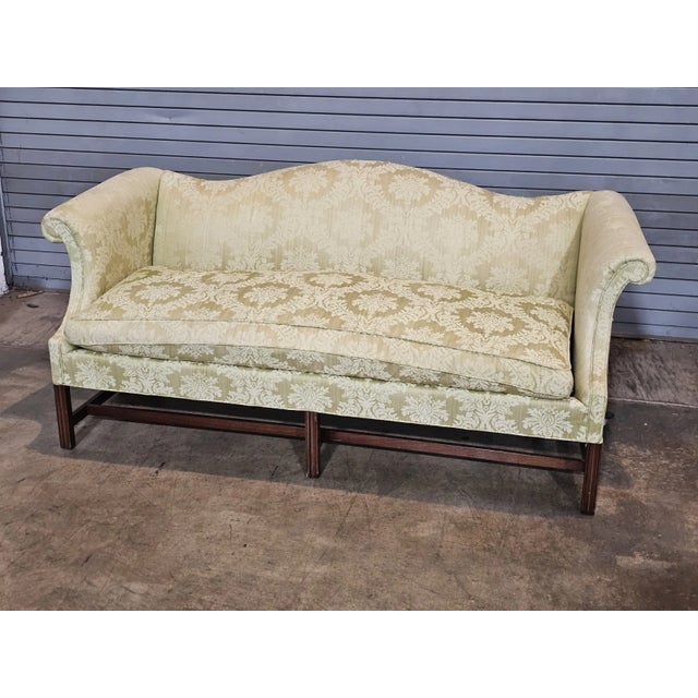 Late 20th Century Chippendale Style Mahogany Sofa Green Silk Damask Fabric Made in North Carolina For Sale - Image 4 of 8
