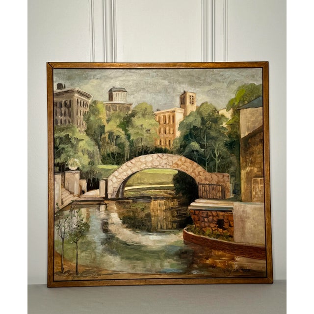 Mid 20th Century Vintage Cityscape Bridge Still Life Framed Original Oil Painting, Green, Brown, Cream For Sale - Image 5 of 12