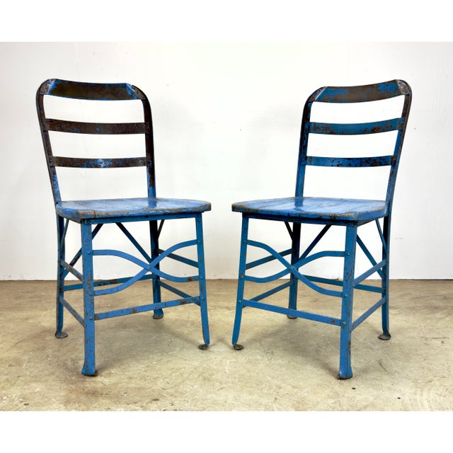 Wood Antique Industrial Steel & Oak Chairs by Angle Steel Stool Co / K M Supply Company in Vivid Blue For Sale - Image 7 of 12