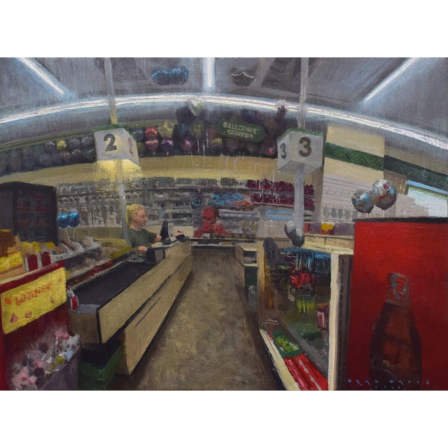 Dollar Tree by Brad Davis | Oil on wood panel Interior of a dollar store with checkout counters. For Sale