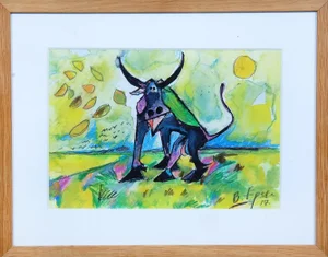 Bernhard Lipsøe, Bull, Watercolor Painting, Framed