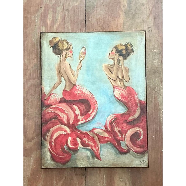 Wood Vintage Oil Painting of Mermaids With Hand Mirrors For Sale - Image 7 of 12