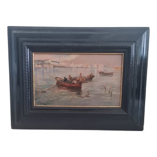 Paolo Pratella, Naples Marina with Boats, 1950s, Oil Painting on Canvas, Framed For Sale