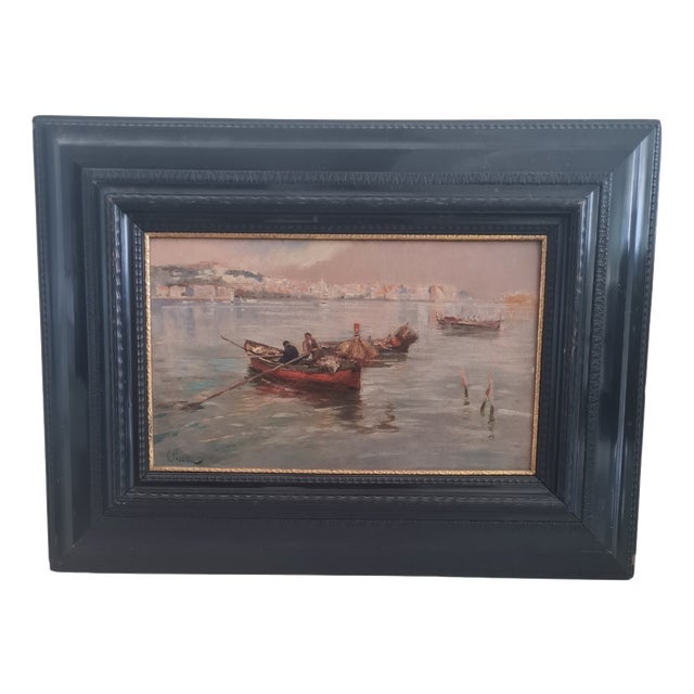 Paolo Pratella, Naples Marina with Boats, 1950s, Oil Painting on Canvas, Framed For Sale