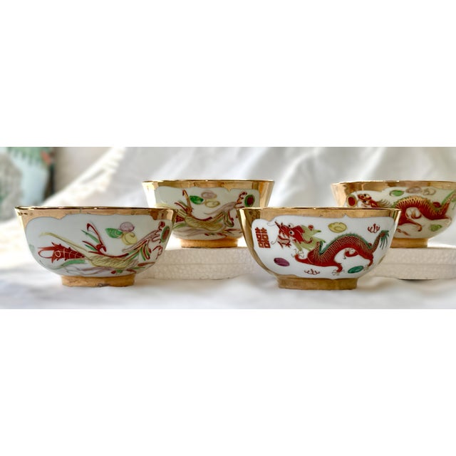 Gold Chinese Dragon and Phoenix Rice Bowls - Set of 5 For Sale - Image 8 of 16