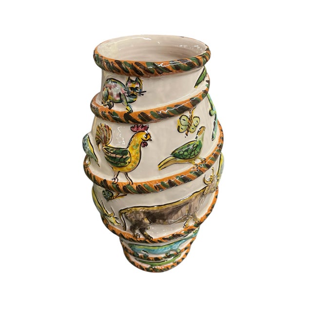 Italian Vintage Italian Style Majolica Relief Animal Spiral Vase For Sale - Image 3 of 10