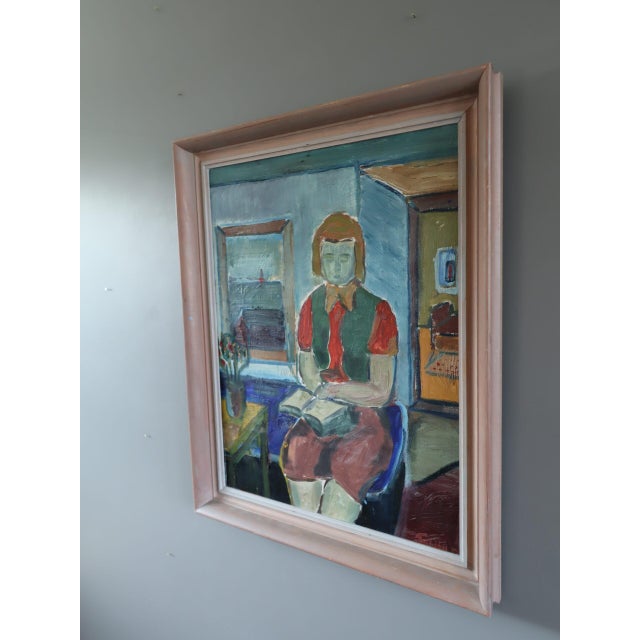 Mid 20th Century Mid-Century Modern 'The Reader's Pause' Vintage Swedish Original Figurative Oil Painting, Framed For Sale - Image 5 of 12
