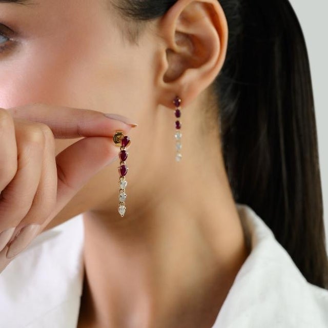 Late 20th Century Late 20th Century 1.32 Ct Pear Shape Red Ruby & Diamond Drop Earrings in 14k Gold- A Pair For Sale - Image 5 of 14