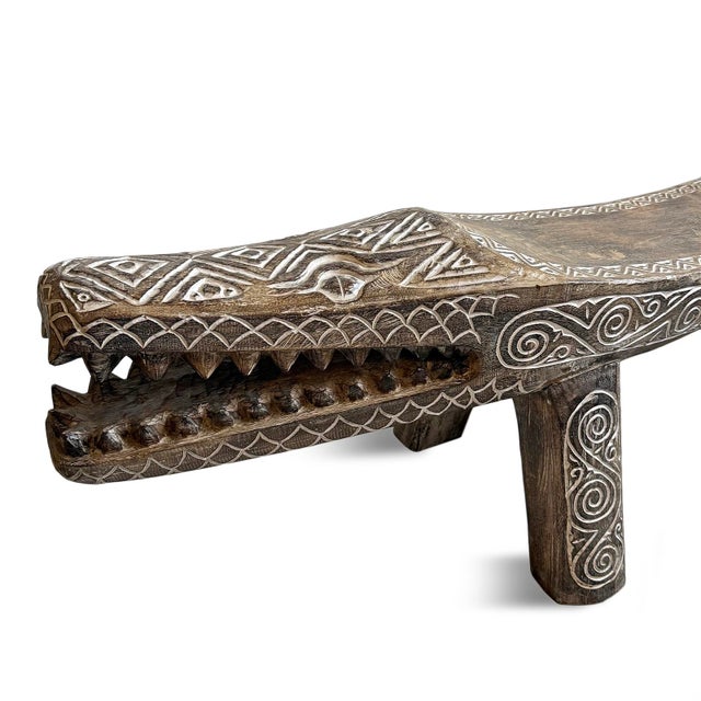 Tribal Carved Crocodile Log Bench For Sale - Image 3 of 7