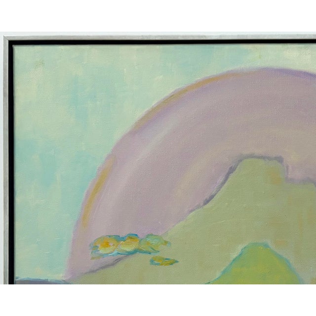 Contemporary abstract landscape with centered mountain peaks and sun in hues of violet, greens, yellows and blue. It is in...