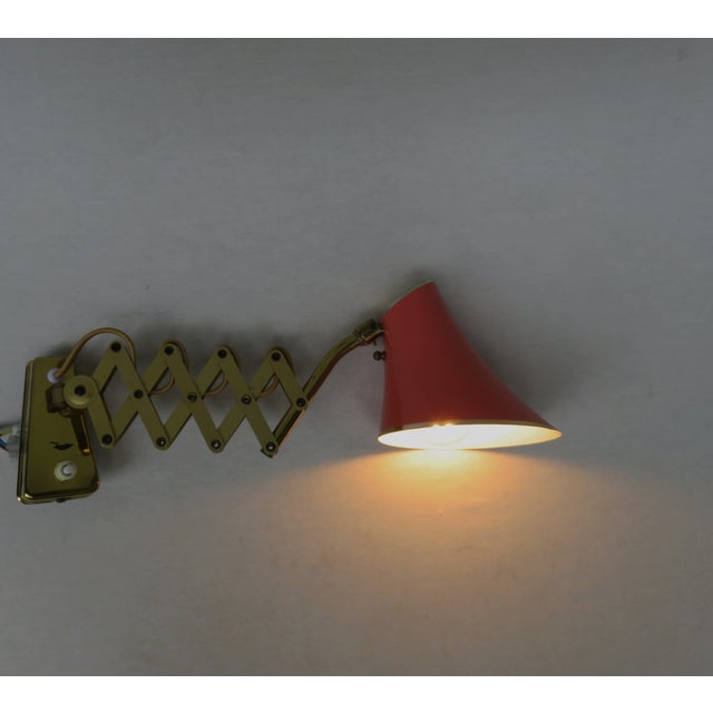 Red Mid-Century Aluminum and Brass Scissor Lamps, 1950s, Set of 2 For Sale - Image 8 of 18
