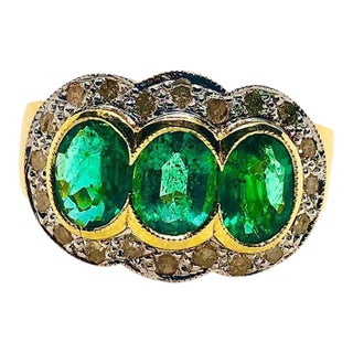 Bochic “Capri” Vintage Natural Diamond & Emerald Retro Ring Set In 18K Gold & Silver For Sale