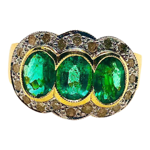 Bochic “Capri” Vintage Natural Diamond & Emerald Retro Ring Set In 18K Gold & Silver