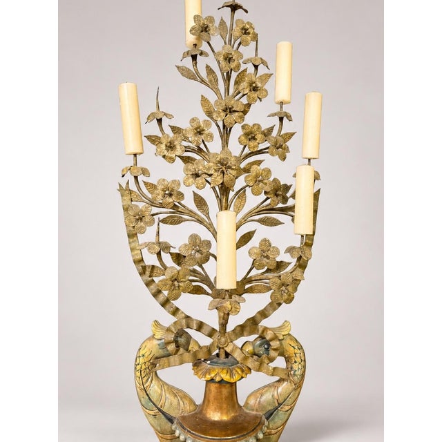 Wood Monumental Italian Giltwood & Polychrome Dolphin and Floral Tole Candelabra For Sale - Image 7 of 9