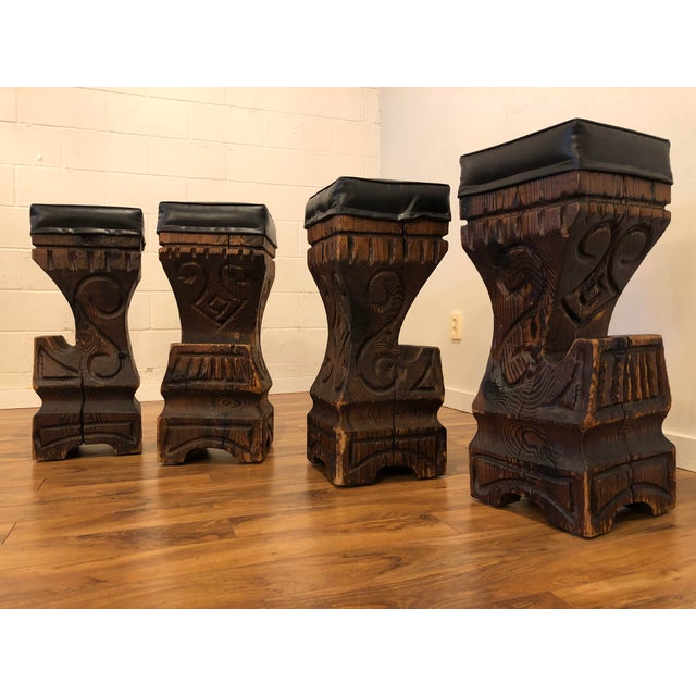Witco Carved Wood Tiki Bar Stools Set Of 4 Chairish