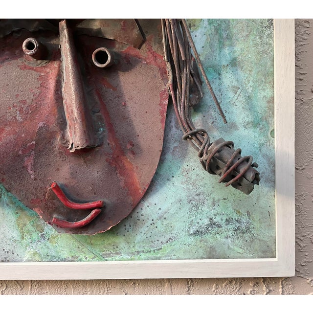 Copper Funky Mixed Media Metal Face Sculpture Copper & Brass Brutalist Wall Art For Sale - Image 8 of 15