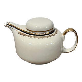 Vintage Chodziez White Porcelain Tea Pot With Black Gold Band and Filigree For Sale