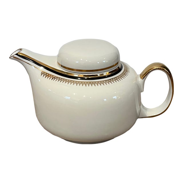 Vintage Chodziez White Porcelain Tea Pot With Black Gold Band and Filigree For Sale