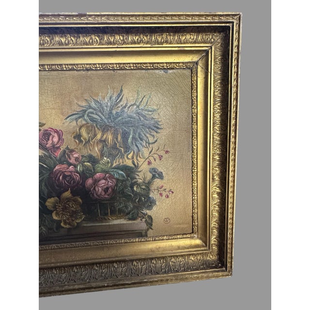 Gold Antique Oil Painting Floral Still Life Roses Flowers Monogrammed Gilt Frame For Sale - Image 8 of 10